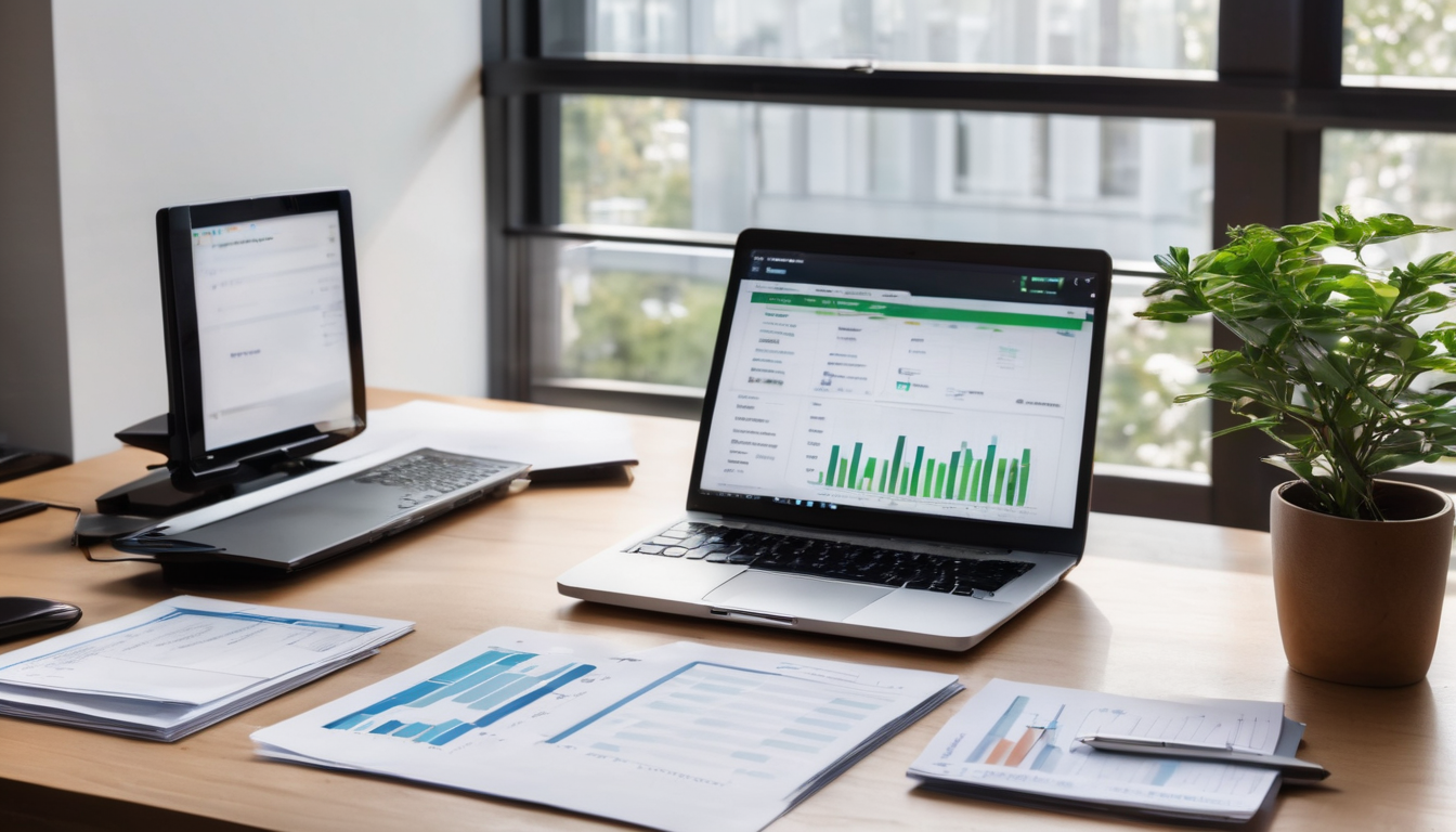 BuchhalterPro - Moderner Schreibtisch mit Laptop und Buchhaltungssoftware